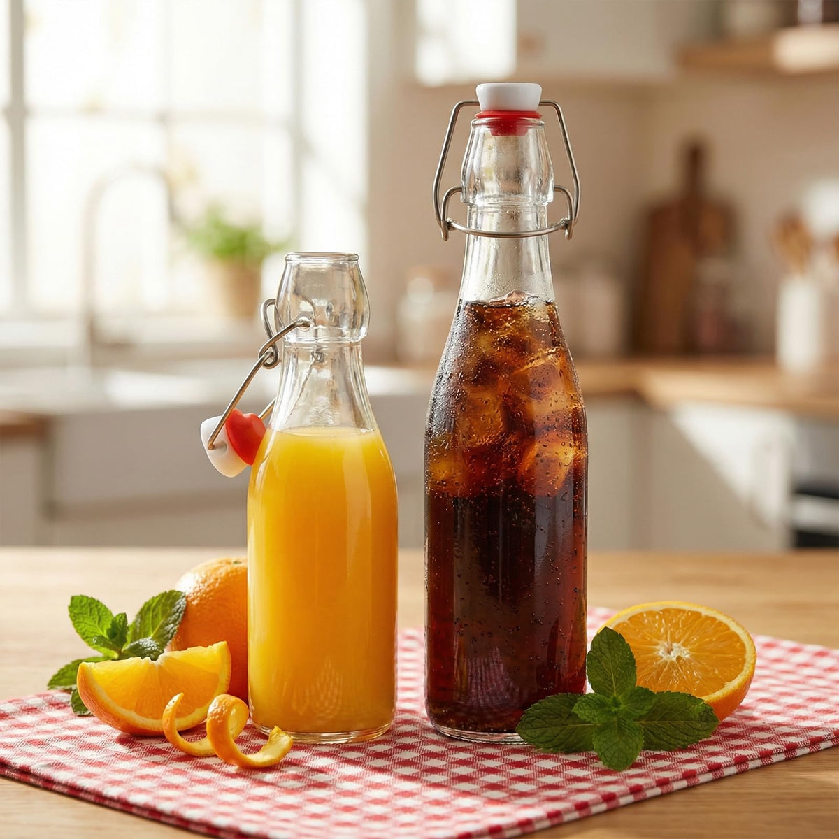Eathtek bottles for kitchen use, including iced tea, oils, and vinegars.