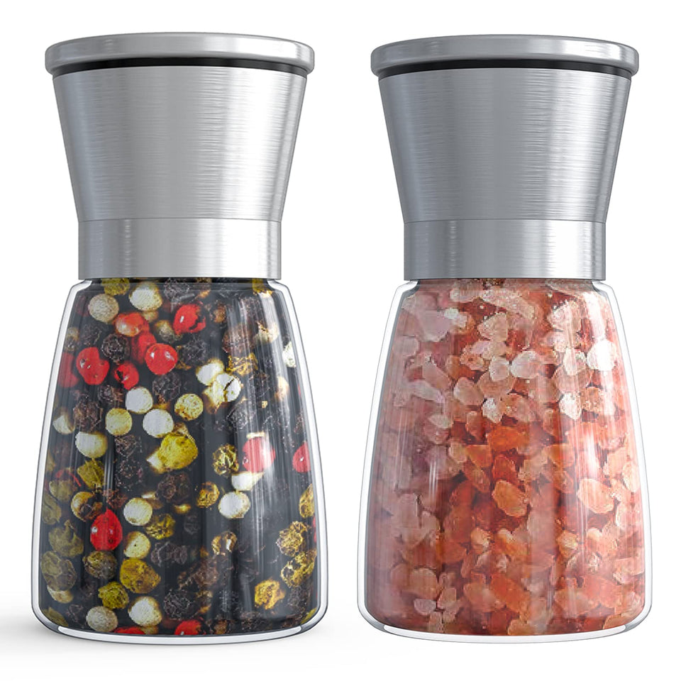 Ebaco salt and pepper grinder set, front view, stylish glass bodies for table use