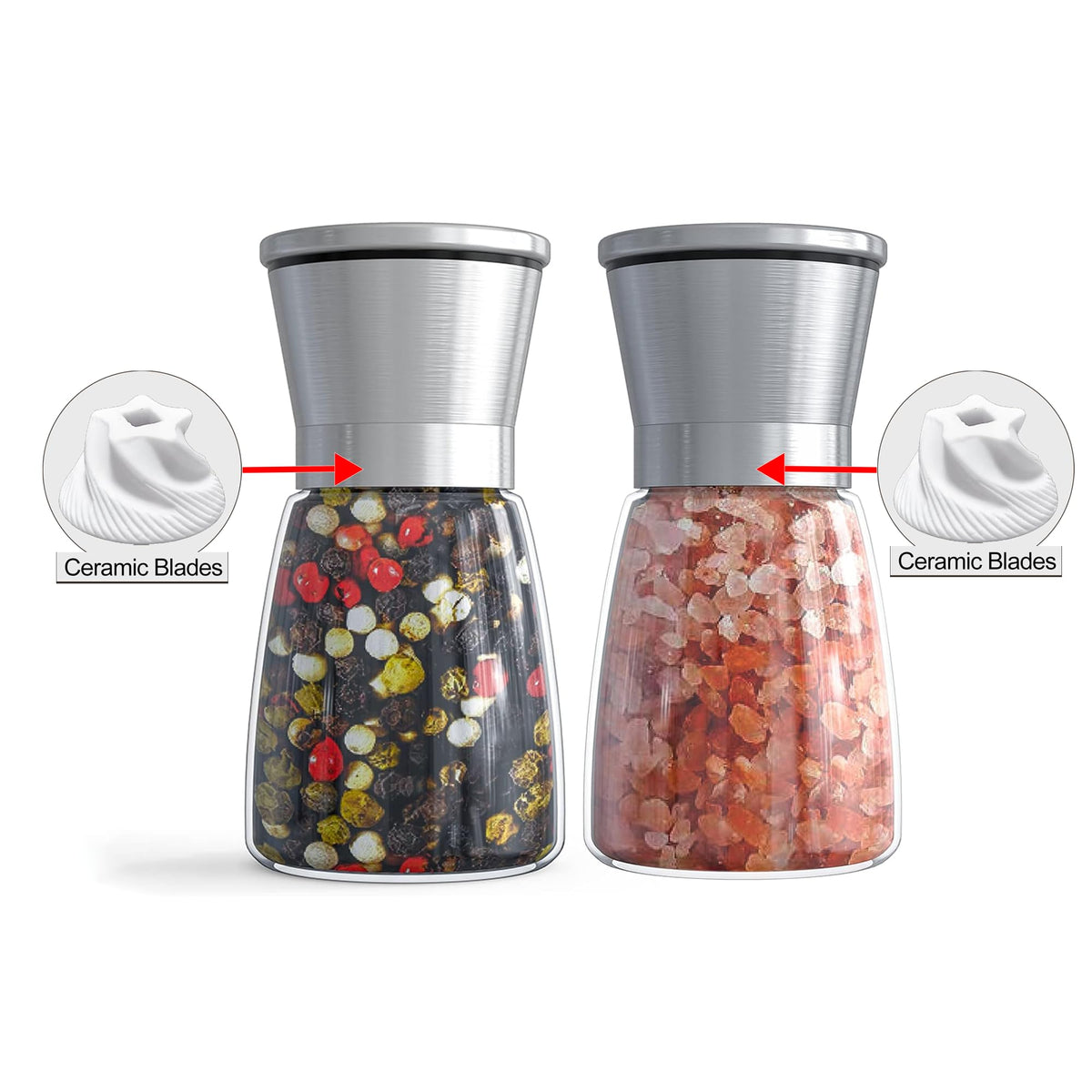 Ebaco grinders close-up glass body highlights clear refill visibility