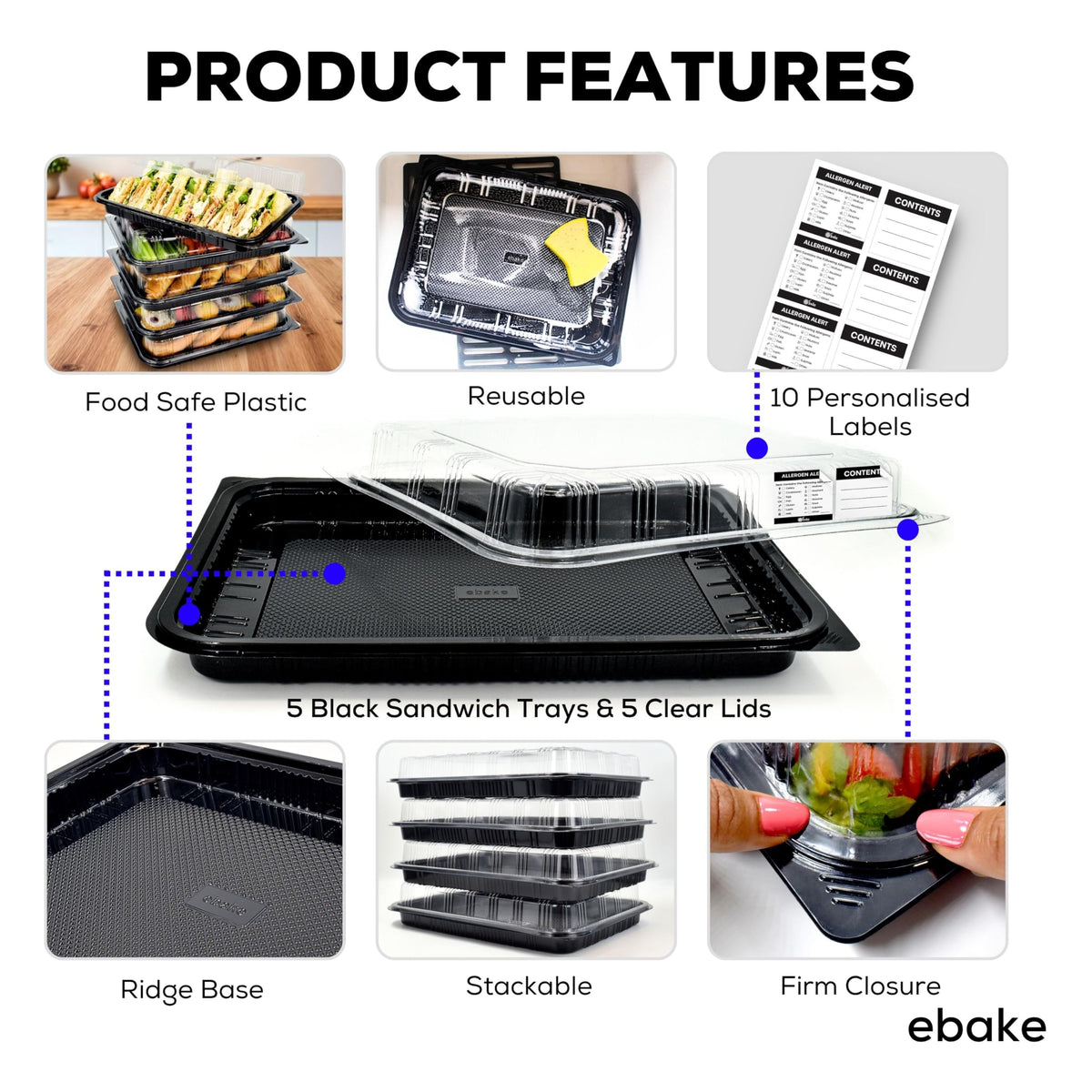 ebake 5-pack catering trays with lids, crystal-clear lids secure freshness during transport