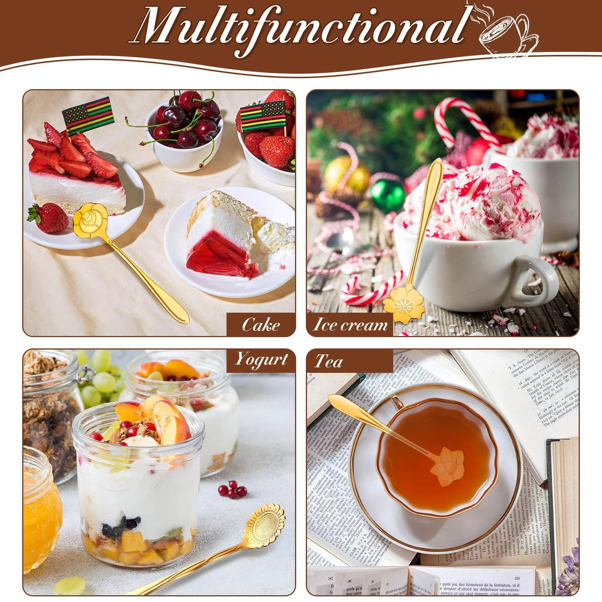 EBOOT gold flower teaspoon featuring cherry blossom design, adds refined charm to coffee.