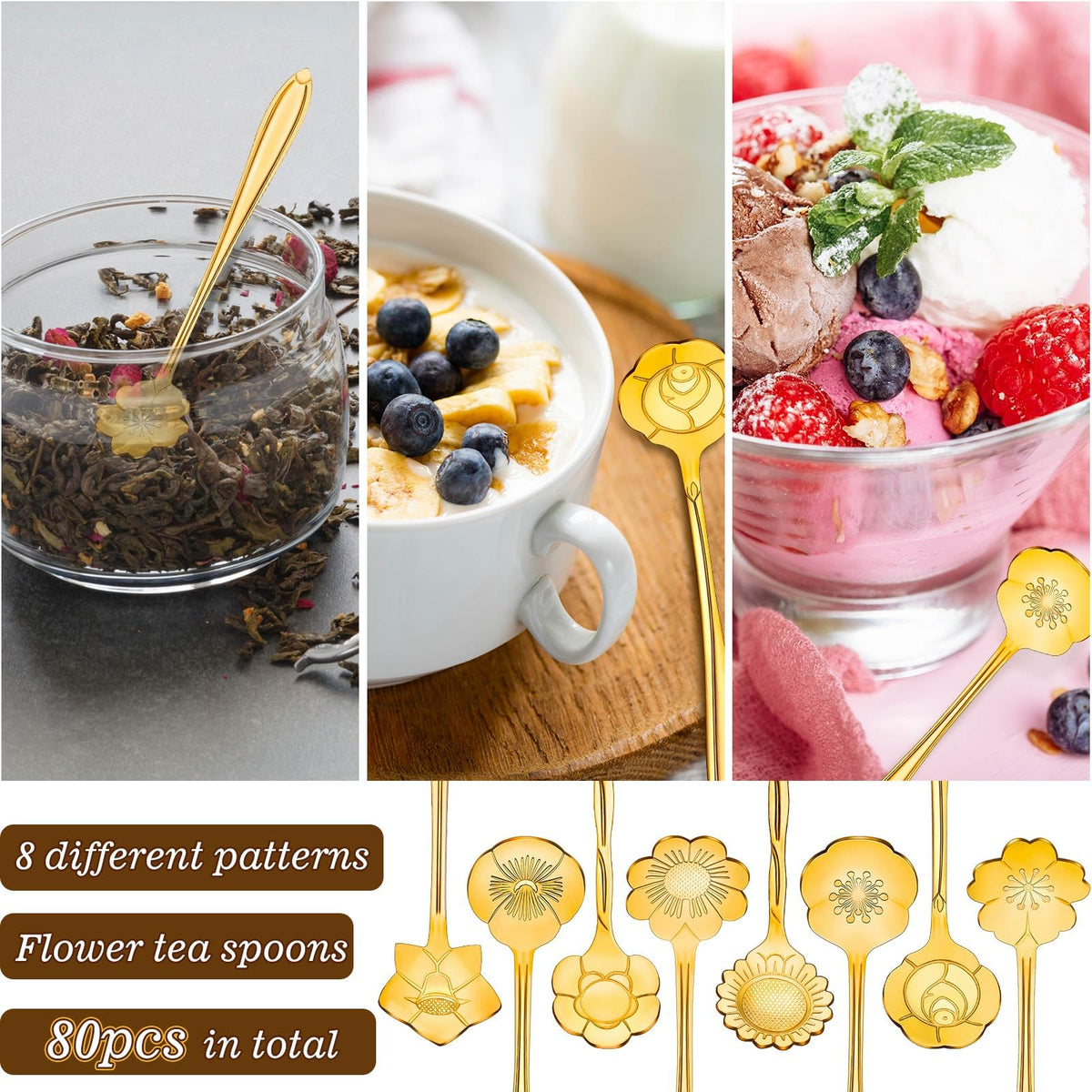 EBOOT gold flower teaspoon featuring pansy pattern, enhances daily rituals and gatherings.