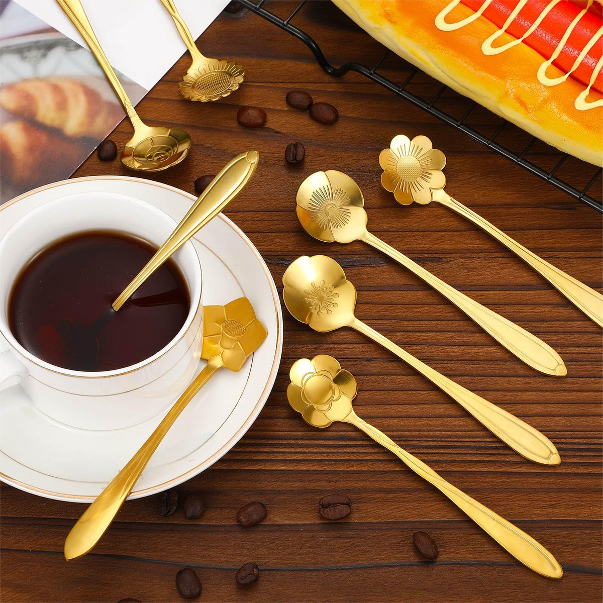 EBOOT gold flower teaspoon with sunflower motif, decorative and practical for cups.