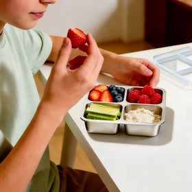 EC-Gaze 3-pack stainless steel container with yellow lid keeps lunches neatly separated.