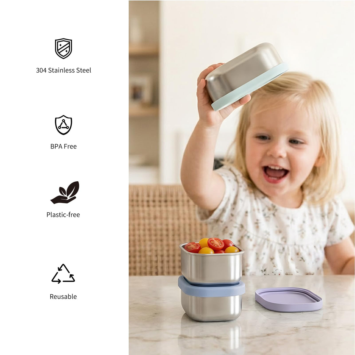 Compact 10oz snack box fits small hands and bags for school or travel.
