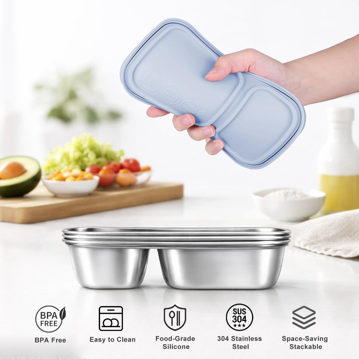 EC-Gaze dual-compartment blue snack container keeps flavors separate during travel.