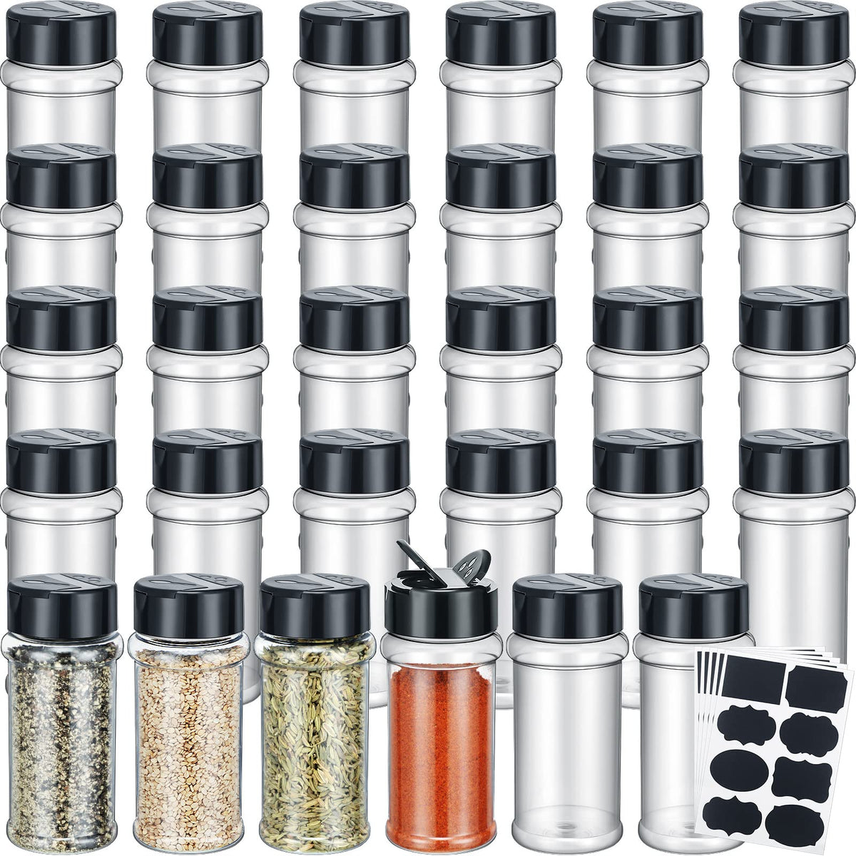 Eccliy 36-pack clear spice jars with labels for organized pantry storage
