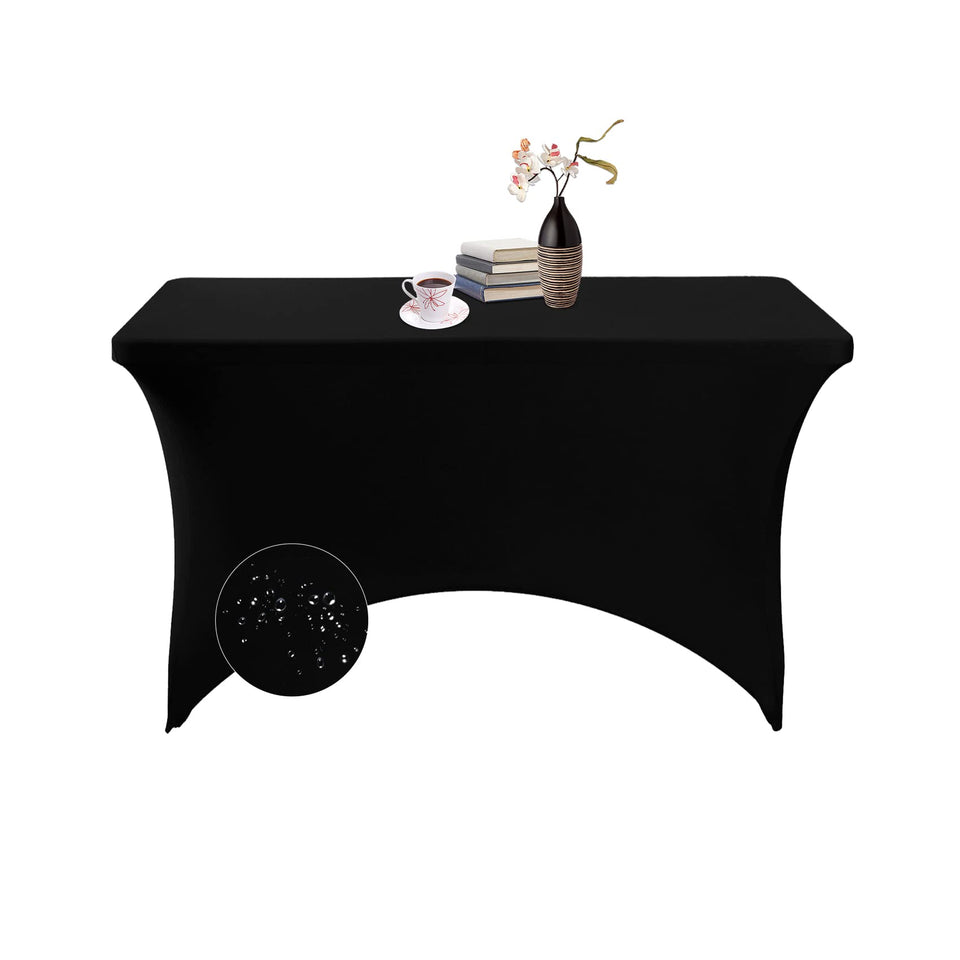 eccwai Spandex 4ft waterproof table cover on a full table, protecting surfaces at events.