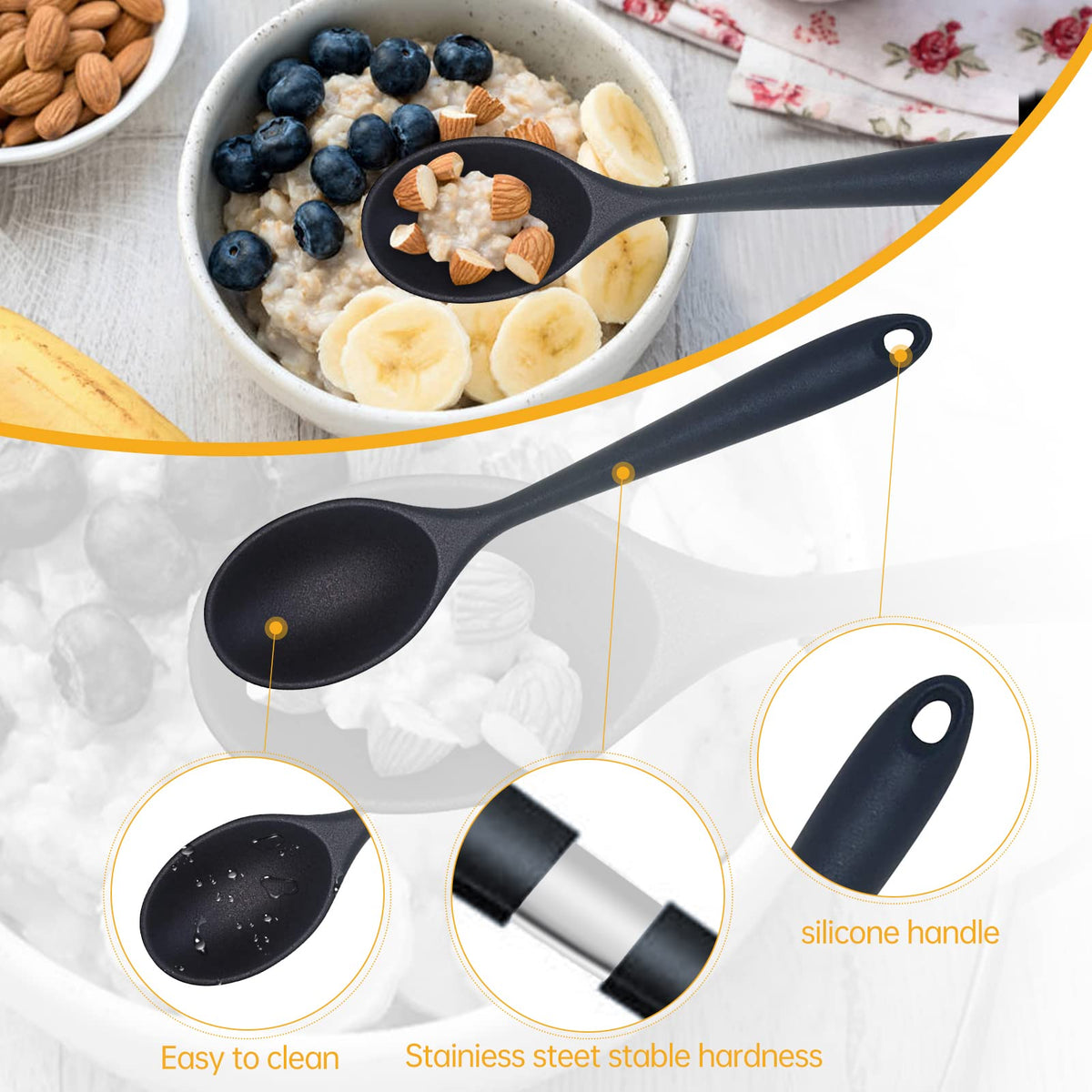 Ecerangus black silicone spoon adds a stylish touch to any kitchen.