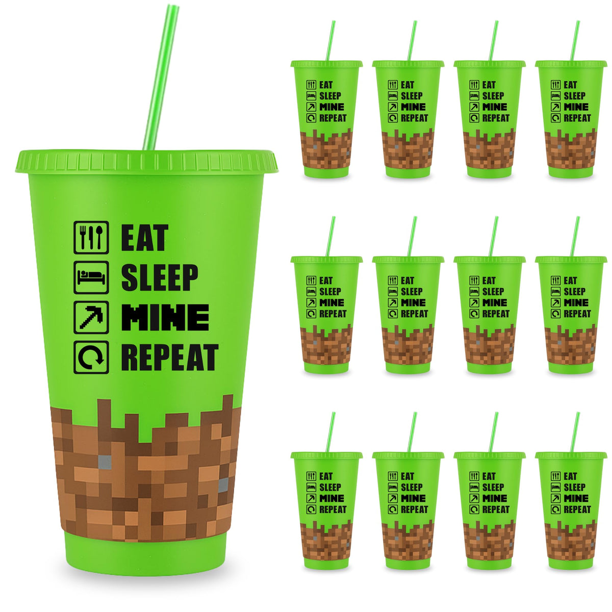 Echoglimmer Pixel Miner cup with lid and straw for durable party drinkware.