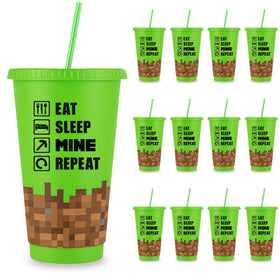 Echoglimmer Pixel Miner cup with lid and straw for durable party drinkware.