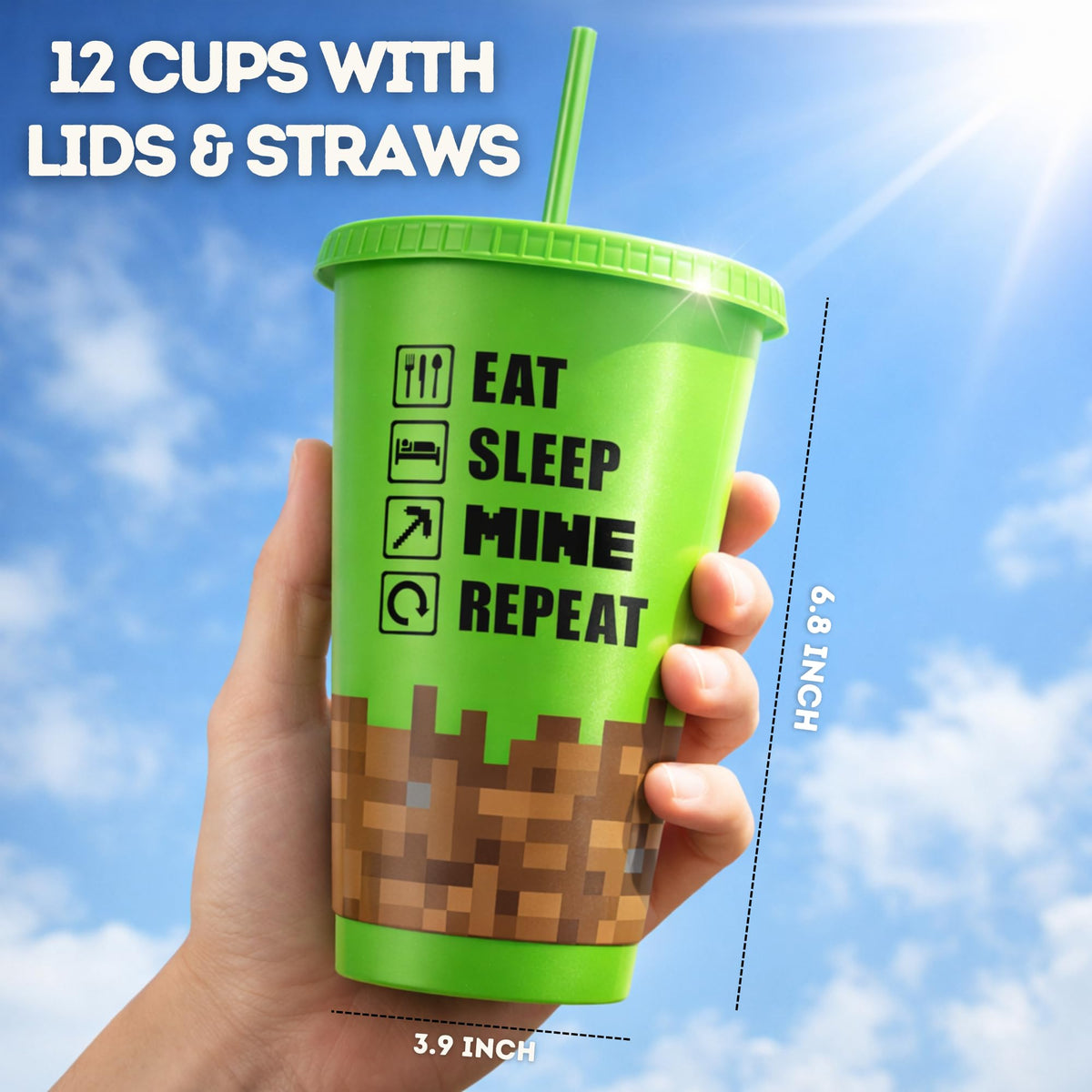 Echoglimmer Pixel Miner tumbler with straw ideal for birthday celebrations.