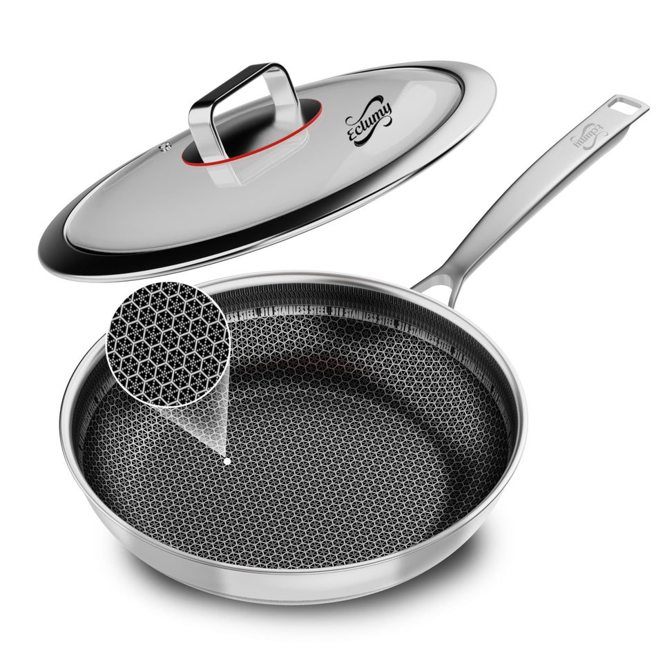 Eclumy 12-inch nonstick frying pan with lid for smooth release and quick cleanup.