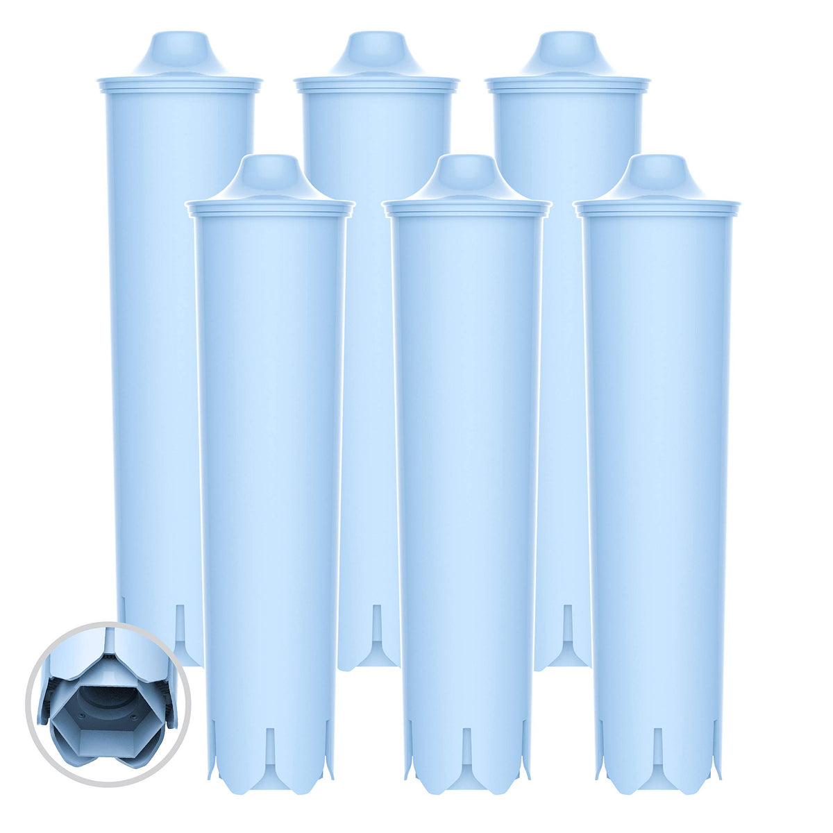 EcoAqua replacement coffee filter for Jura Blue Capresso; blue filter flap visible and improves water clarity