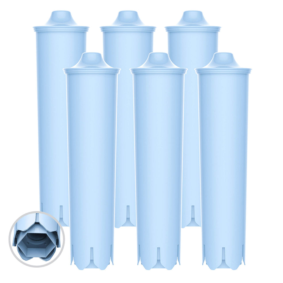 EcoAqua replacement coffee filter for Jura Blue Capresso; blue filter flap visible and improves water clarity