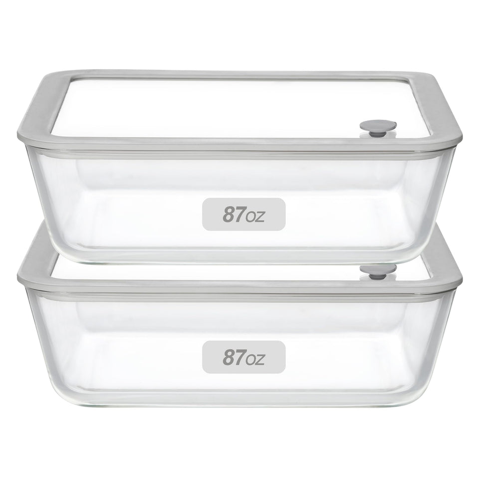 EcoEvo 87oz rectangle glass container in front view, ideal for meal prep.