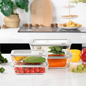 EcoEvo glass containers stacked, showcasing dishwasher-safe design.