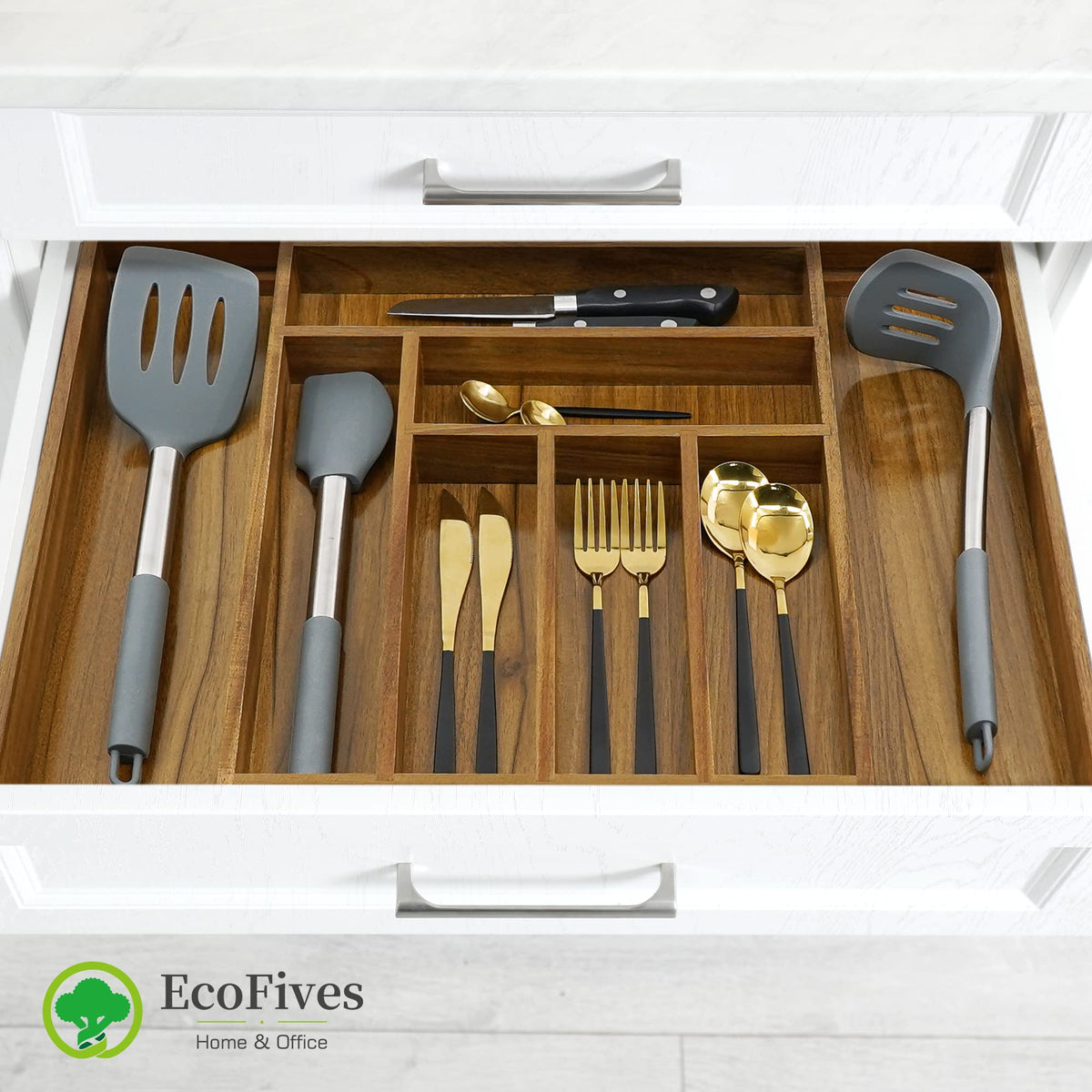 EcoFives grooved drawer dividers separate spoons, forks, and knives clearly