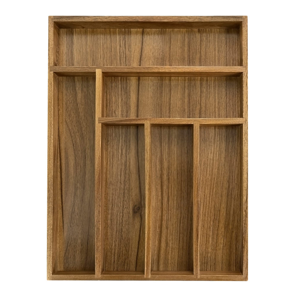 EcoFives acacia drawer organizer with six slots for neat silverware storage
