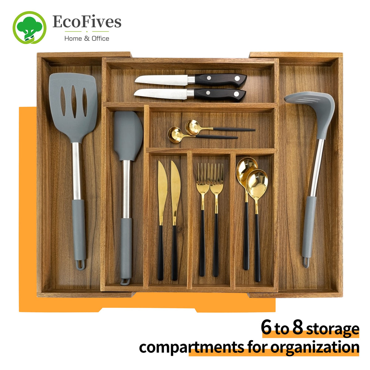 EcoFives Acacia silverware tray with expandable panels adapts to wider drawer spaces