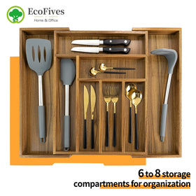 EcoFives Acacia silverware tray with expandable panels adapts to wider drawer spaces
