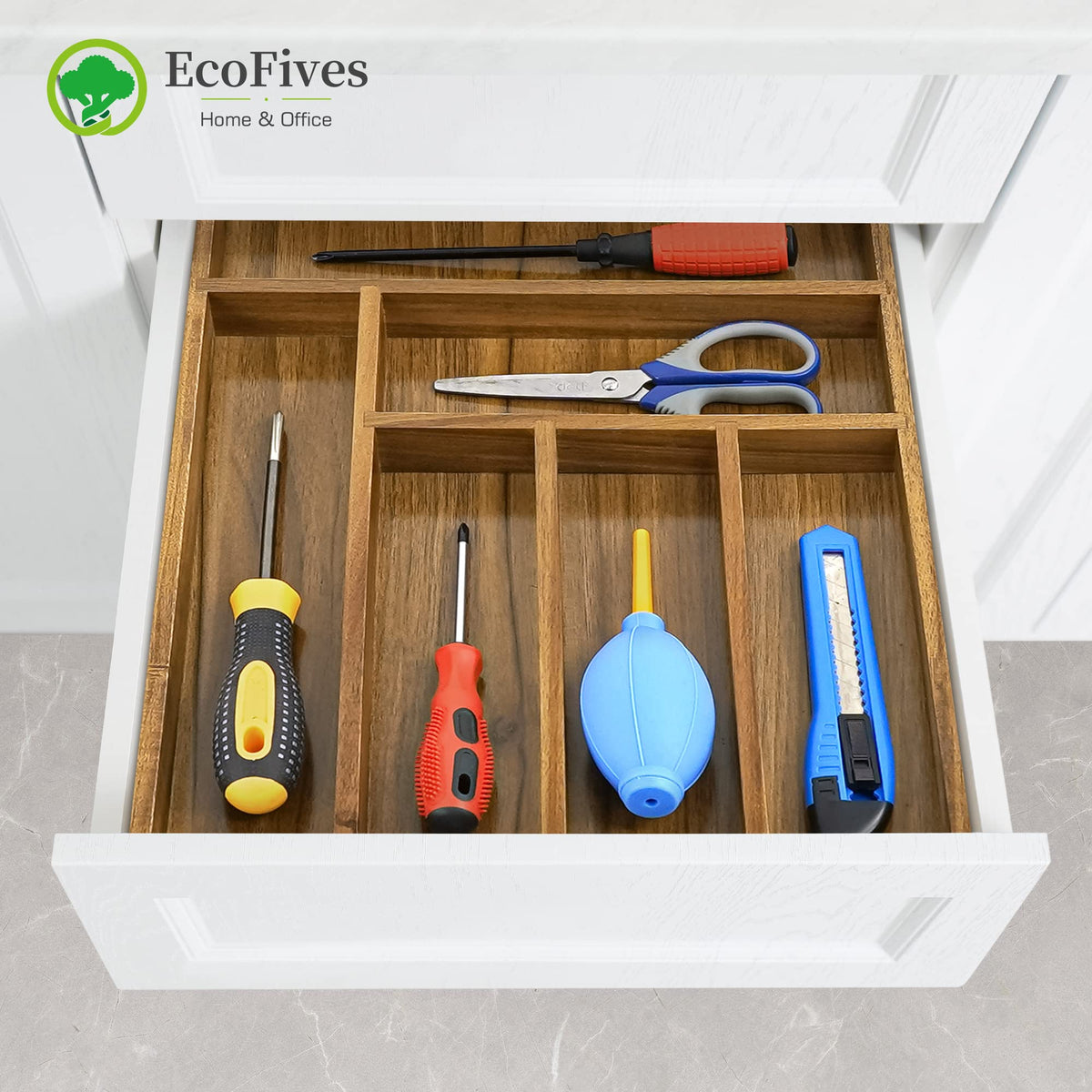 EcoFives neutral-tone acacia organizer blends with any décor
