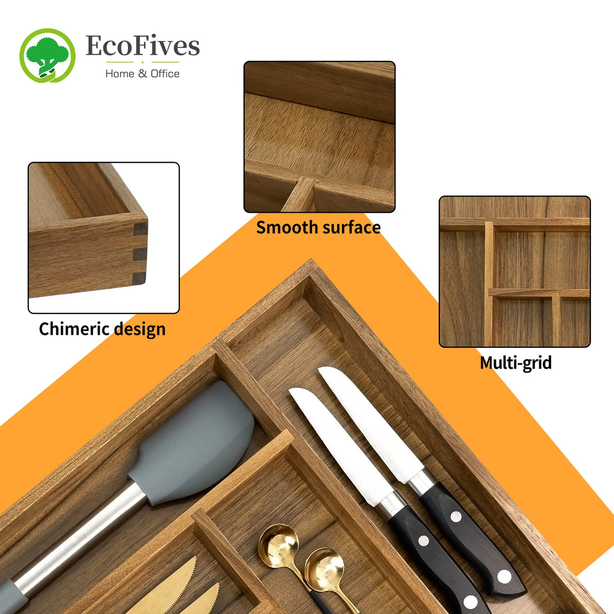 EcoFives acacia utensil tray enhances drawer organization with durable natural wood