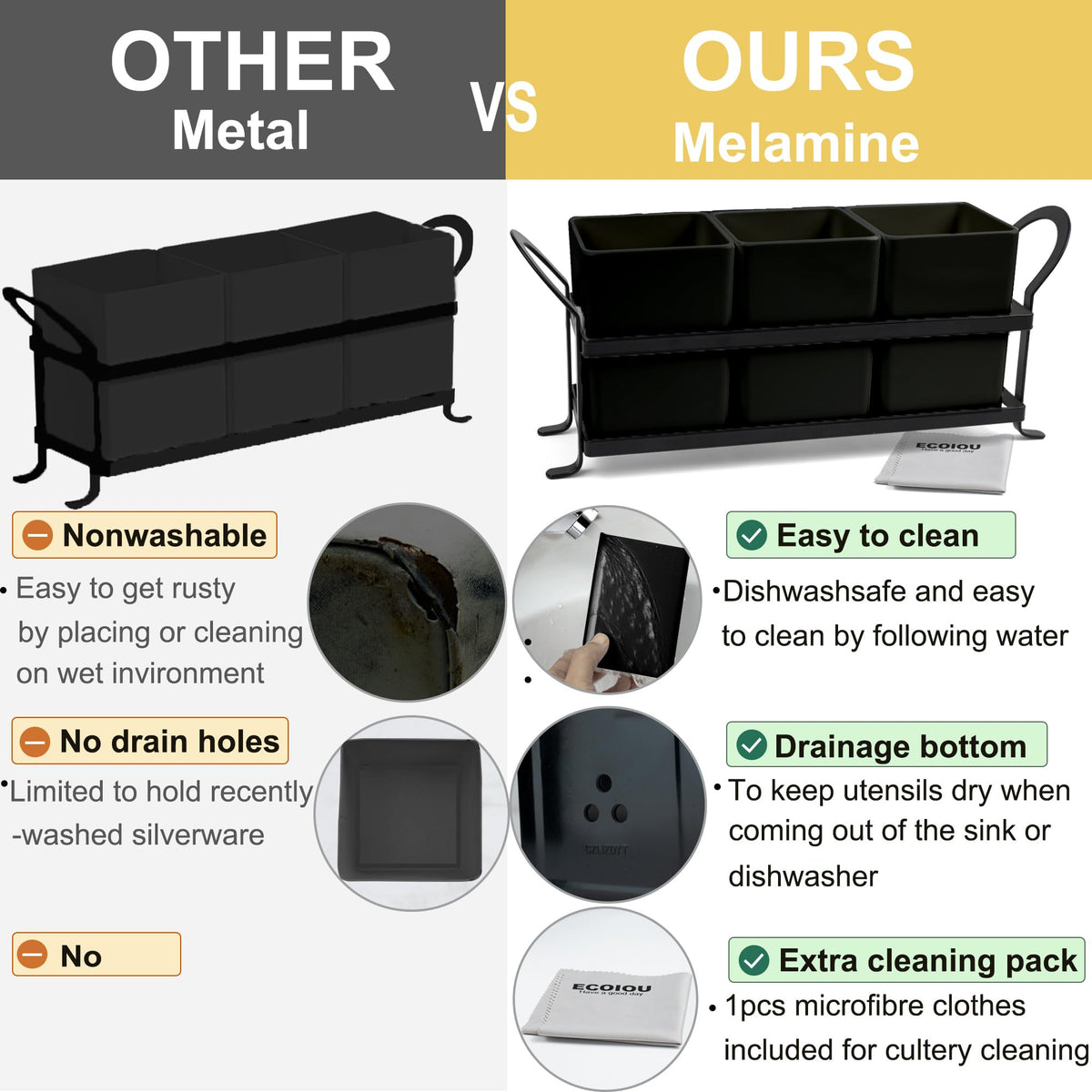 ECOIOU black melamine utensil holder with ceramic-like durability