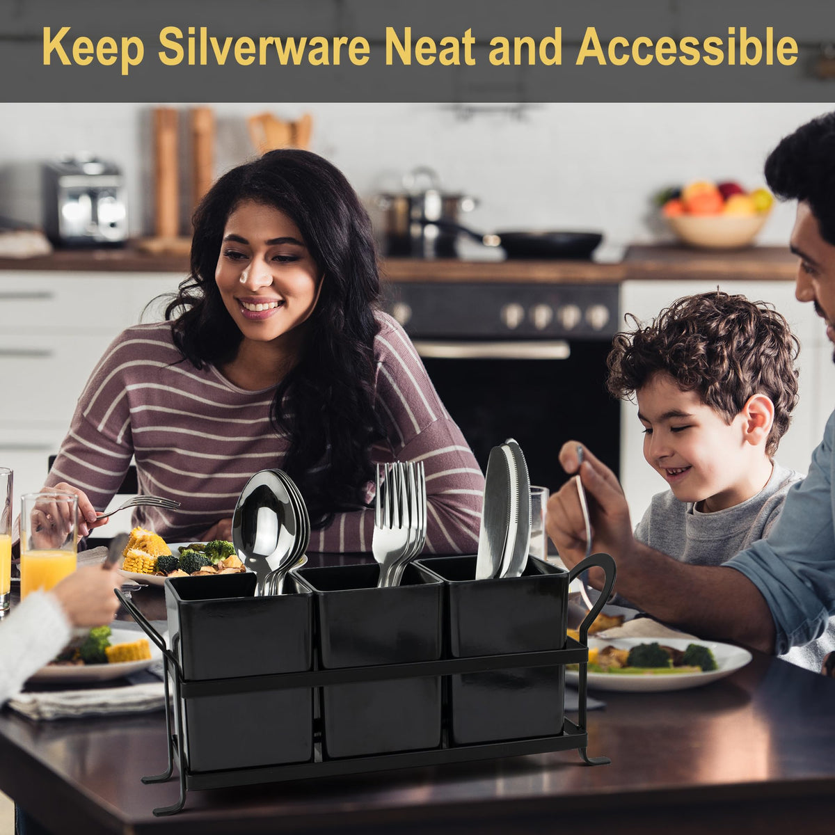 ECOIOU three-bin utensil caddy keeping spoons, forks and knives organized