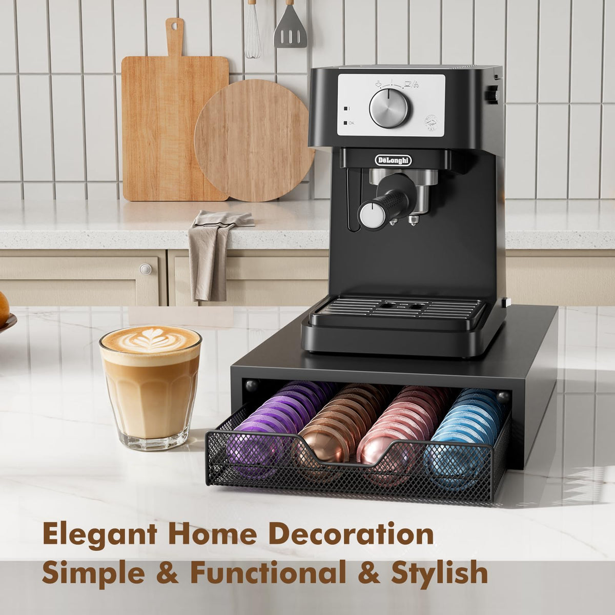 ECOLOVI black pod holder complements modern kitchens and offices.
