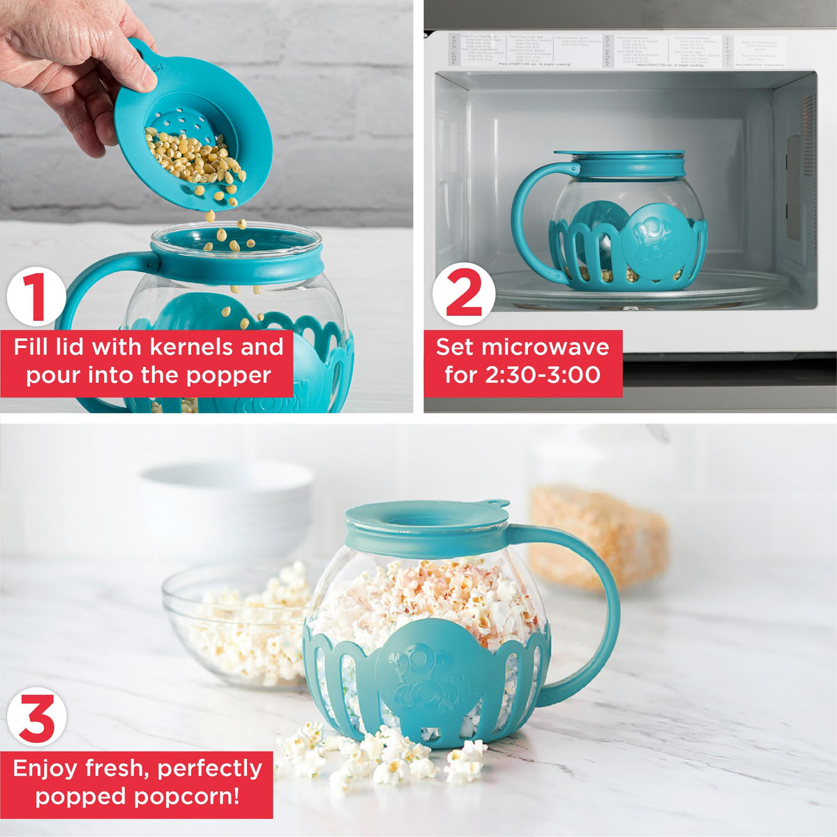 Ecolution Micro-Pop butter-melt lid in action for flavorful popcorn.