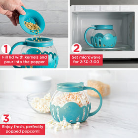 Ecolution Micro-Pop butter-melt lid in action for flavorful popcorn.