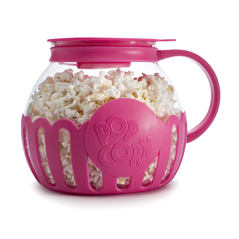 Ecolution Micro-Pop Popper with glass lid shows oil-free popcorn popping.