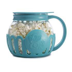 Ecolution Micro-Pop teal glass popper on counter ready for movie night.