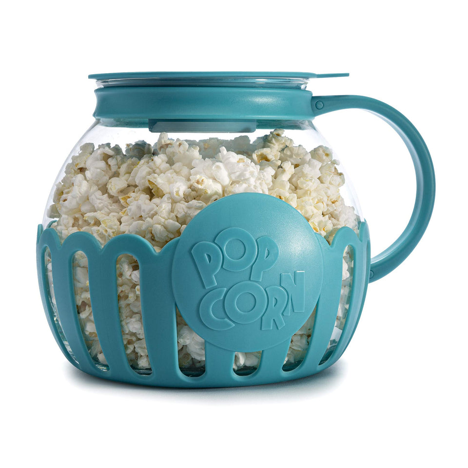 Ecolution Micro-Pop teal popcorn popper on kitchen counter for quick healthy snacking
