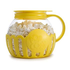 Ecolution Micro-Pop yellow glass popcorn popper shown for quick healthy snacking.