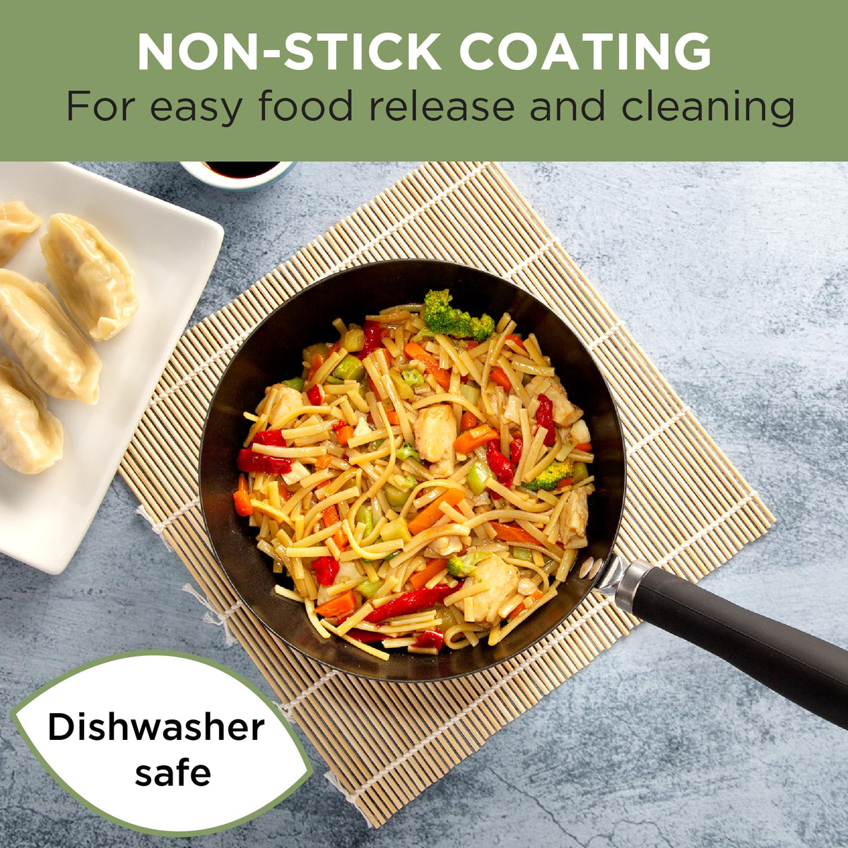 Ecolution soft-touch riveted handle enhances grip during cooking.