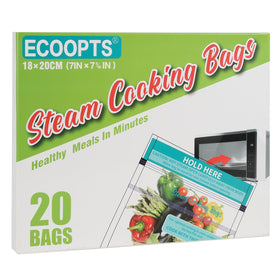 ECOOPTS steam bag for vegetables shows easy seal and quick, healthy meal option.