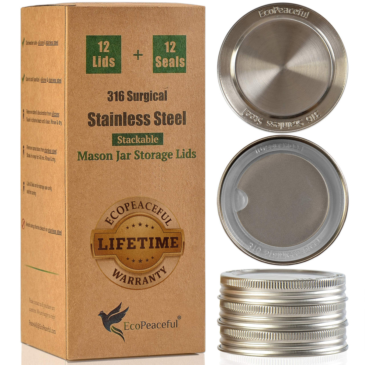 EcoPeaceful 316 stainless steel lid on a regular mouth jar provides an airtight seal.