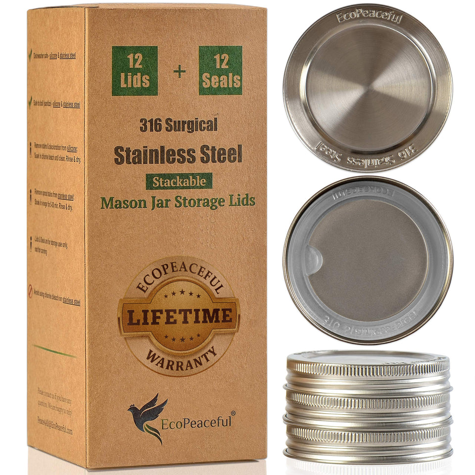 EcoPeaceful 316 stainless steel lid on a regular mouth jar provides an airtight seal.