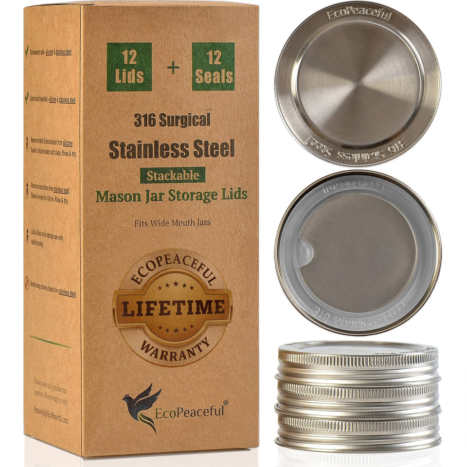 EcoPeaceful 316 stainless steel lid for wide-mouth jars provides rust-free, reusable storage.