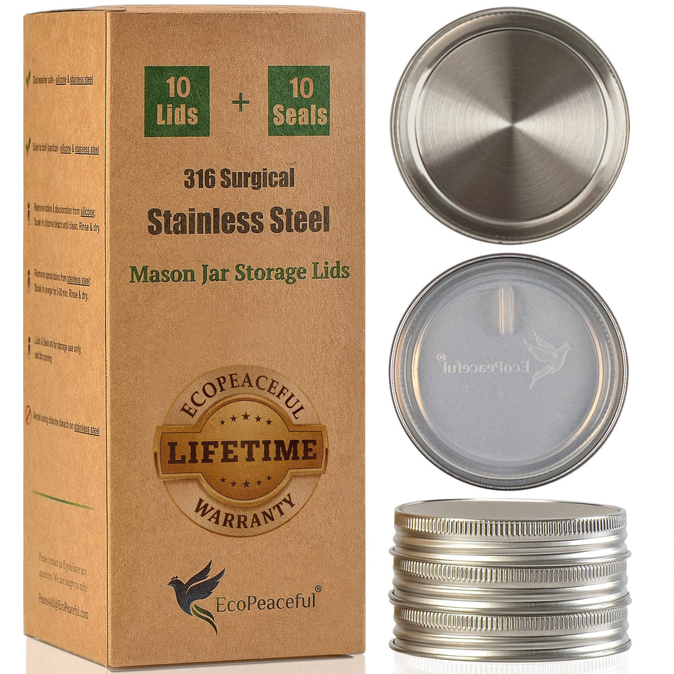 EcoPeaceful 316 stainless steel lid on a regular-mouth mason jar, leak-proof and reusable.