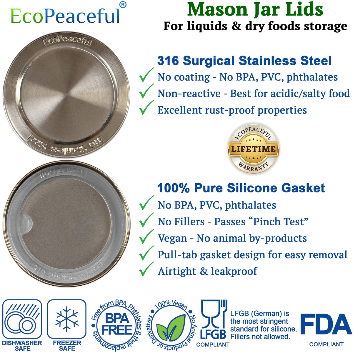 EcoPeaceful silicone gasket ensures an airtight seal for fresh beverages.