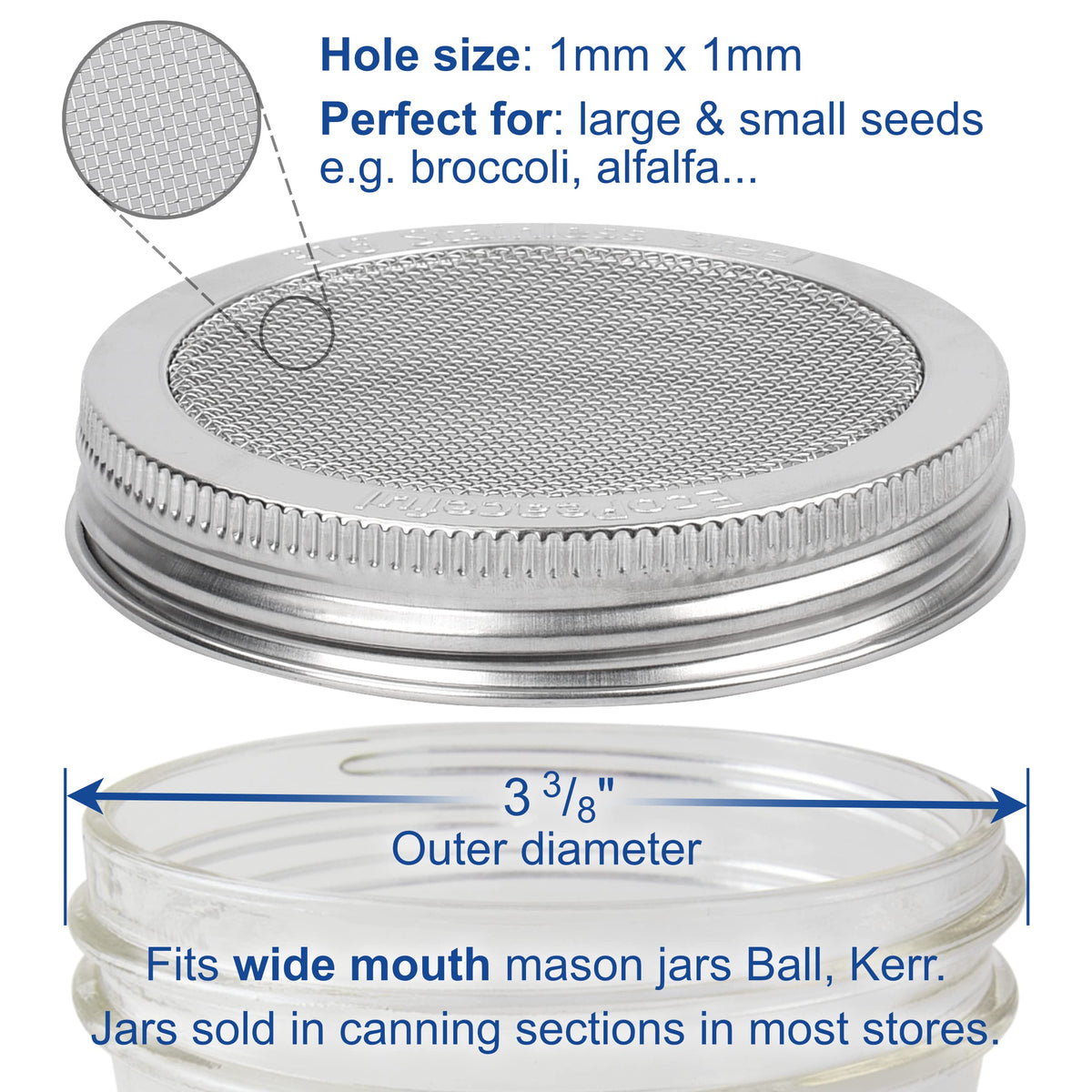 Stainless steel sprouting lid provides rust-proof durability and dishwasher-safe cleaning.