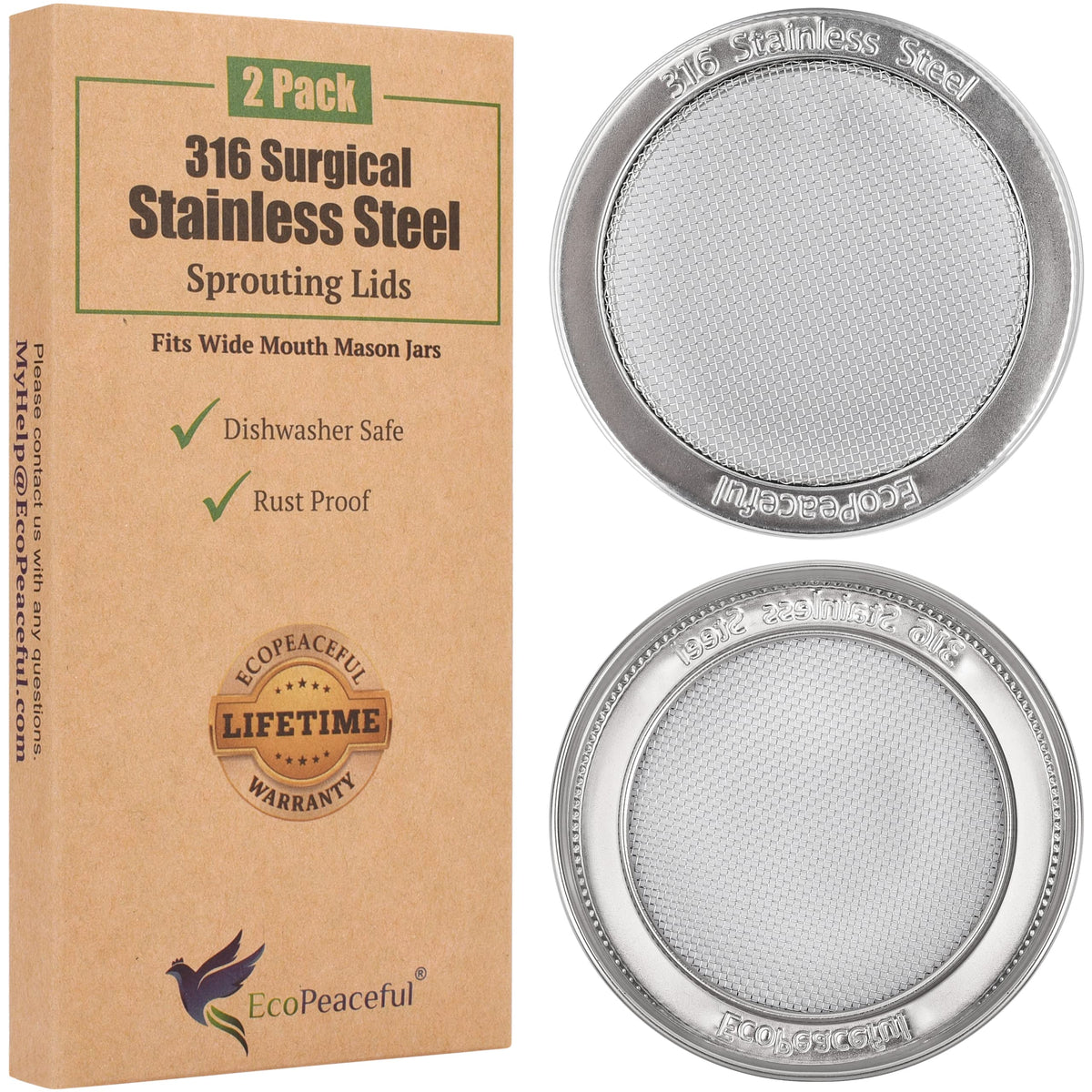 EcoPeaceful sprouting lid on a wide-mouth jar with 1mm drainage for sprouts.