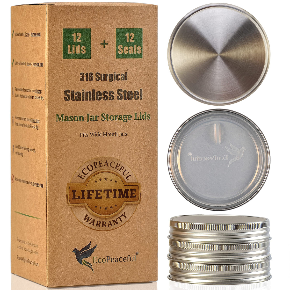 EcoPeaceful wide-mouth stainless steel lids close-up, rust-proof and reusable for everyday storage.