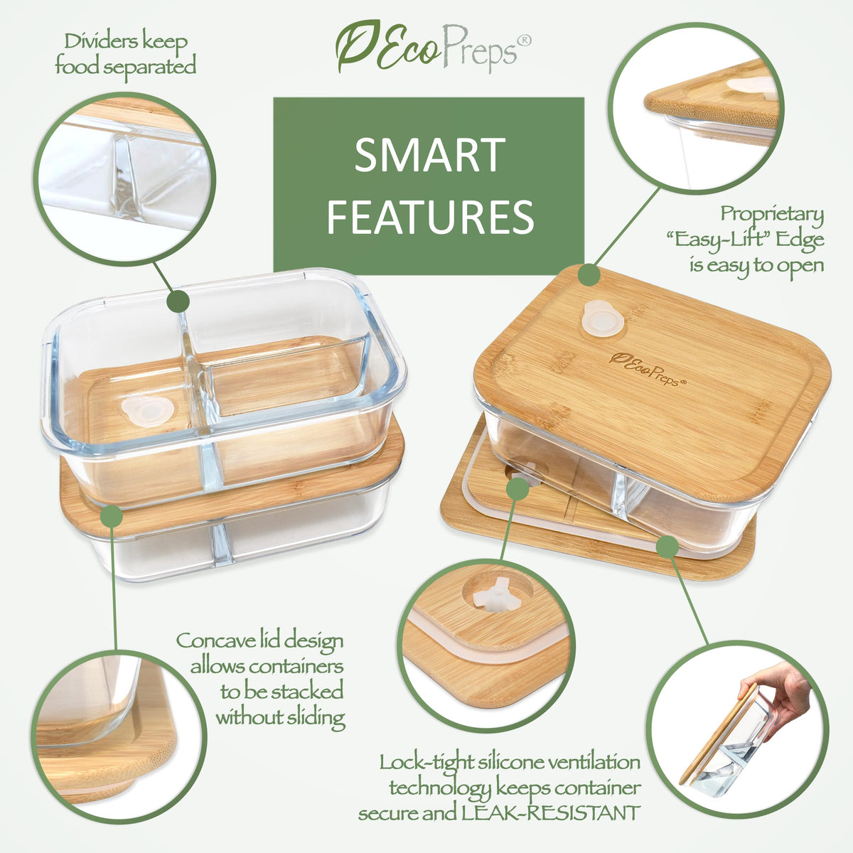EcoPreps 1040 ml glass containers shown as dishwasher- and microwave-safe.