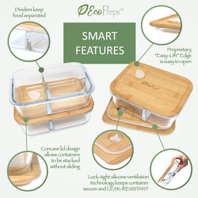 EcoPreps 1040 ml glass containers shown as dishwasher- and microwave-safe.