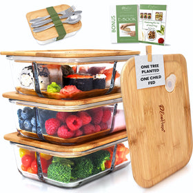 EcoPreps glass bento box with bamboo lid three-compartment layout for portion control.