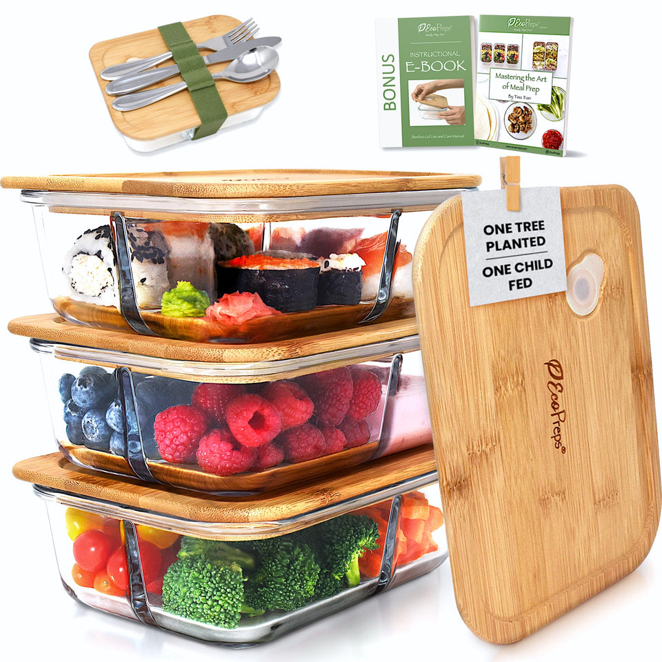 EcoPreps glass bento box with bamboo lid three-compartment layout for portion control.